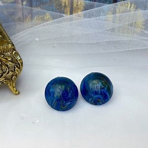 Vintage Blue And Gold Marble Dome Clip-on Earrings